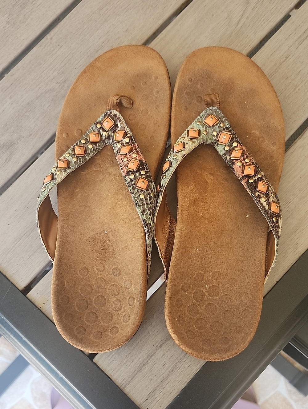 Vionic Tan Gem-Embellished Thong Sandals